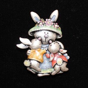 Mother Bunny and Children Silver w/Enamel Brooch